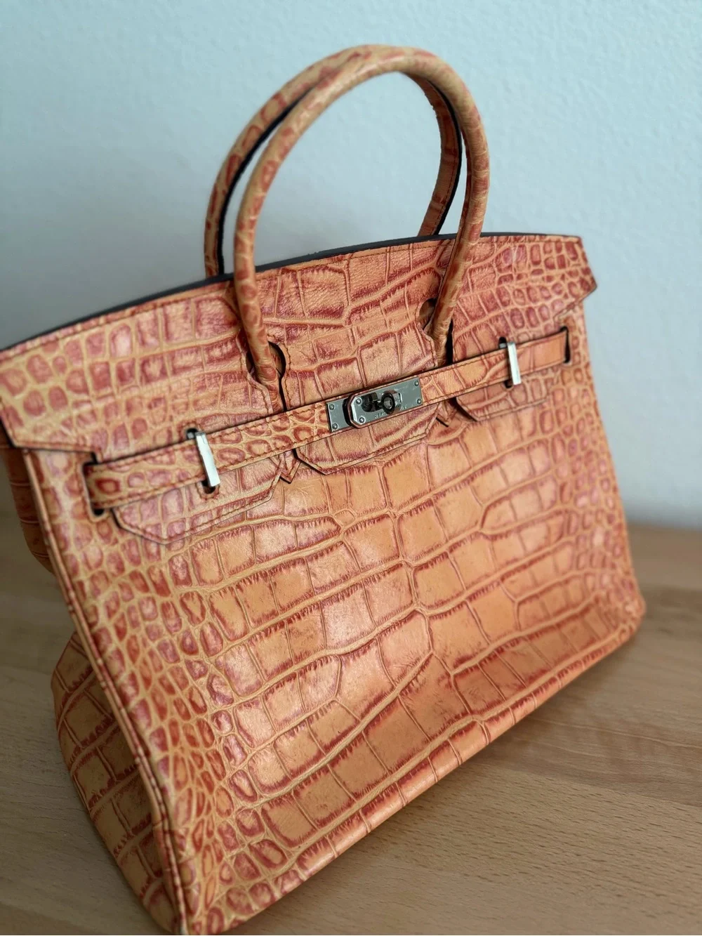 H Birkin 35 embossed croc tangerine orange PHW PLK vintage